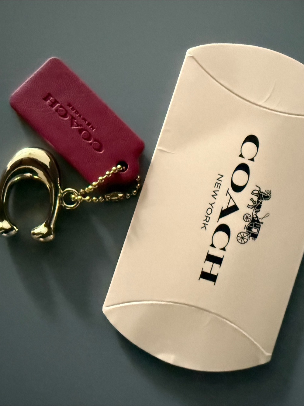 Coach Gold Horseshoe Keychain with Pink Leather Tag
